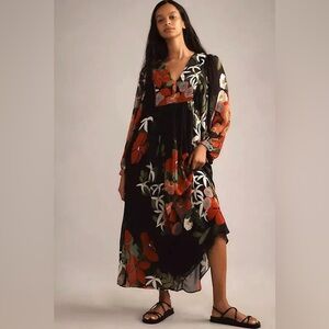 New FARM Rio x Anthropologie Long Sleeve V Neck Floral Maxi Dress